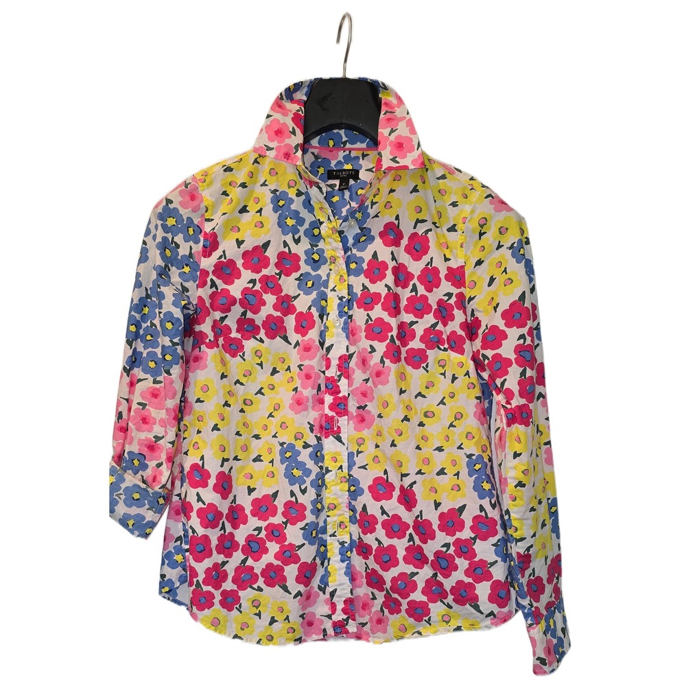 Talbots Petites Floral Button Down Shirt Pink Blue Yellow Cotton Blouse P